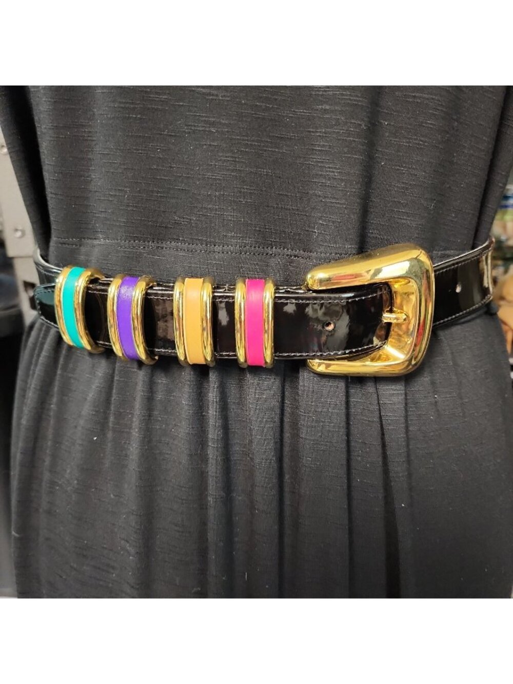 Black Faux Leather Enamel Color Block Metal Buckle Belt Women's Size M 29-33"